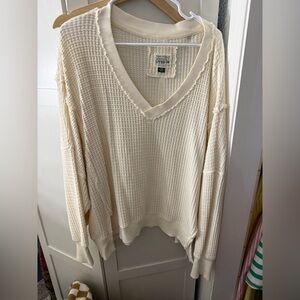American Eagle Outfitters Cream Waffle V-Neck Sweater